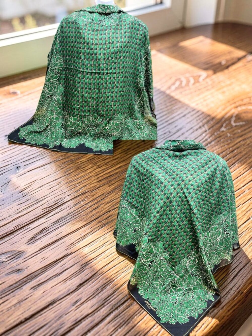 A Pair SONIA RYKIEL Foulards Scarf Shawl 42"  Black White Green Gold Floral  (25 - Picture 16 of 16